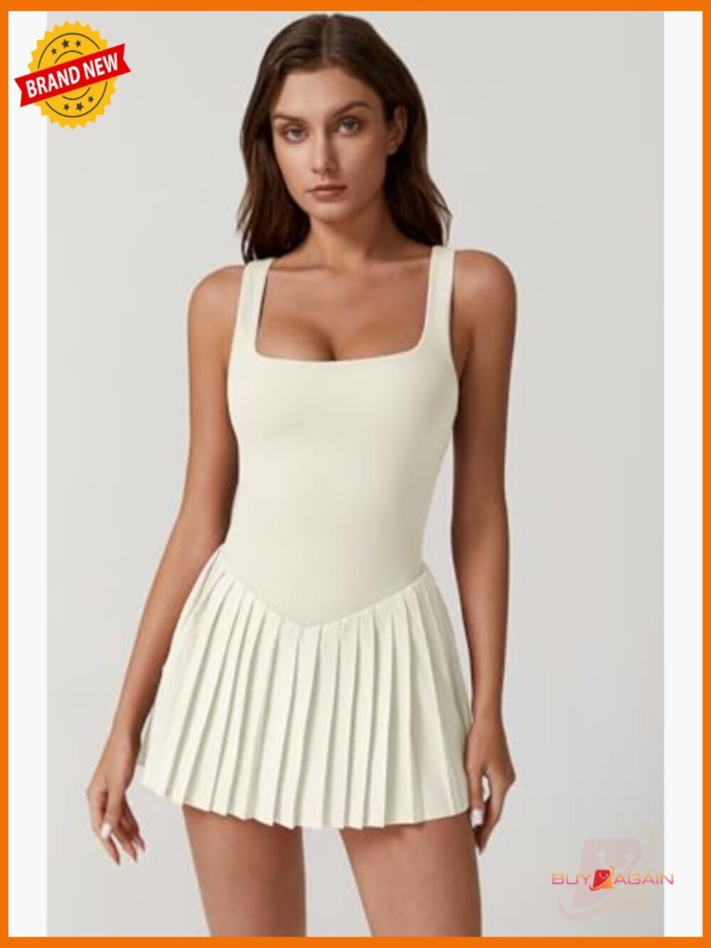 Square Neck Tennis Dress with Built-in Shorts, Pockets, Pleated - Picture 4 of 6